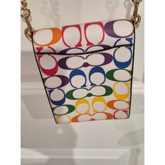 Coach Rainbow Signature C Phone Crossbody Bag White Gold Chain - Picture 5 of 9